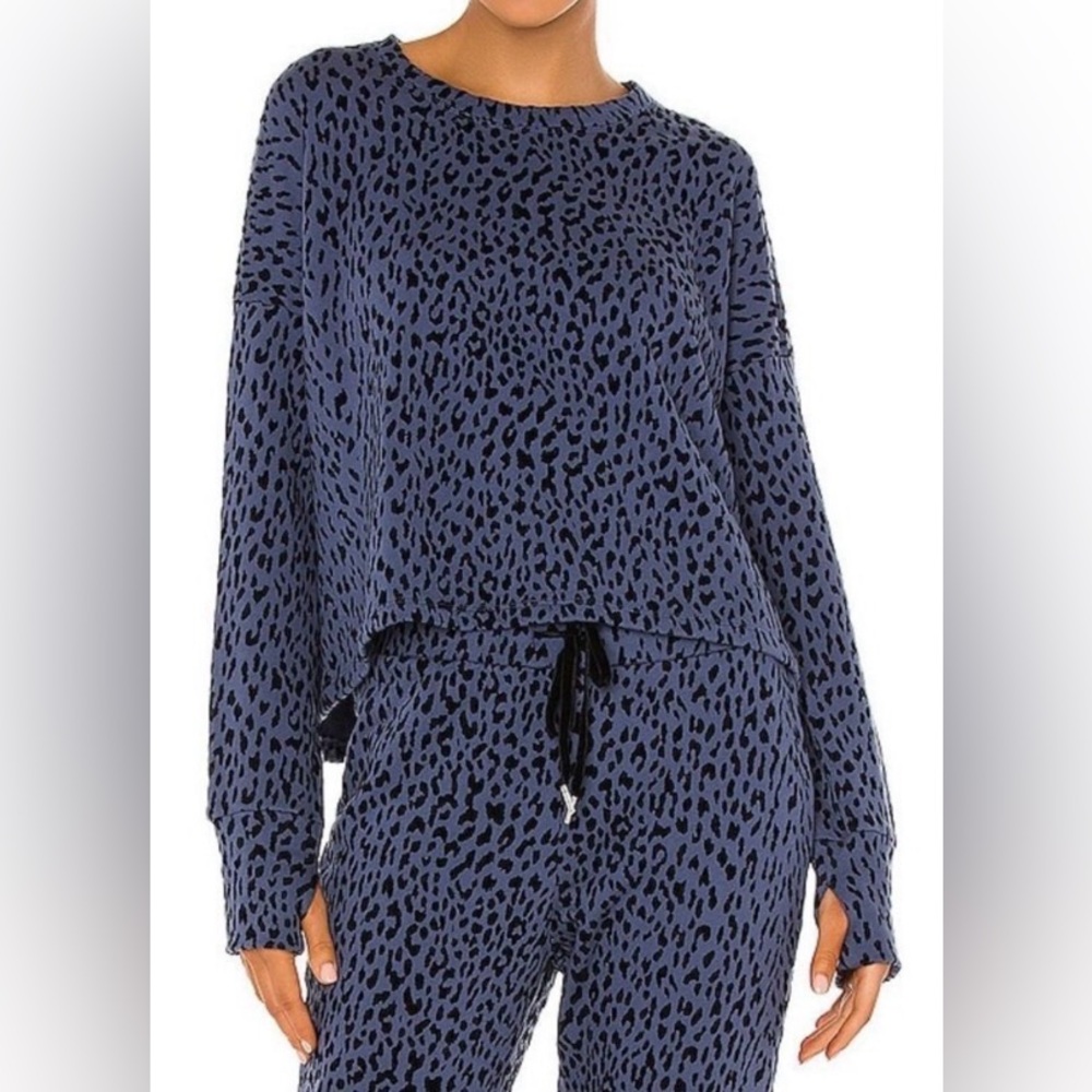 BOBI || Flocked Open Back Terry Sweatshirt in Blue Leopard - SZ Medium